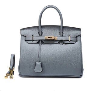 Light Blue Leather Handbag Satchel Gold Tone Hardware Double Handles NEW